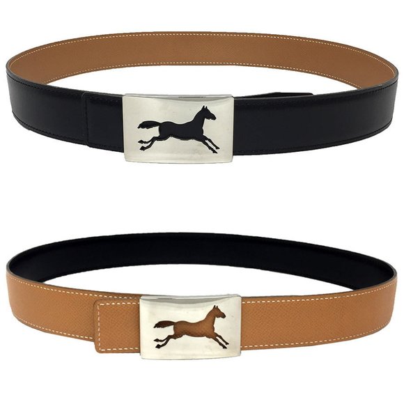 Hermes Hermès Leather Belt, Size 80, □A Stamp, Horse Buckle, Reversible, Blac... - Picture 1 of 3
